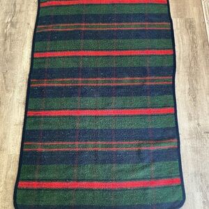 Vintage Plaid Wool like striped Blanket in Green and Red